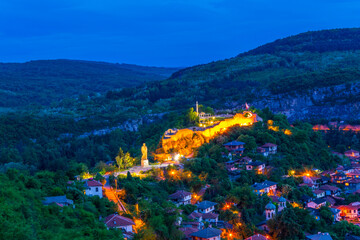 night aerial view of the illuminated fortress in the bulgarian city Lovech