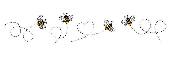 Bee icon set. Bee flying on a dotted route. Vector illustration isolated on the white background.