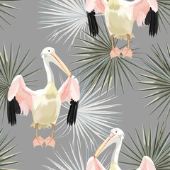 Tropical vintage green white palm leaves, pelican floral seamless pattern on grey background. Exotic jungle bird wallpaper.