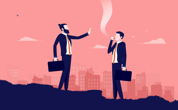 Prohibited from smoking - Businessman trying to stop colleague from smoking cigarette. Vector illustration.
