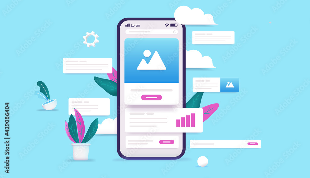 Poster Smartphone with website elements - Abstract vector illustration of mobile phone with various user interface objects.