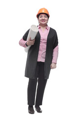 in full growth. female architect with a roll of drawings