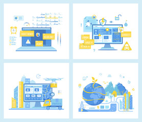 Set of  flat vector illustrations for  Deadline, Asap. Computer Viruses Attack. Online Express Delivery Service. Green eco city and planet ecology conservation. Concept for websites.