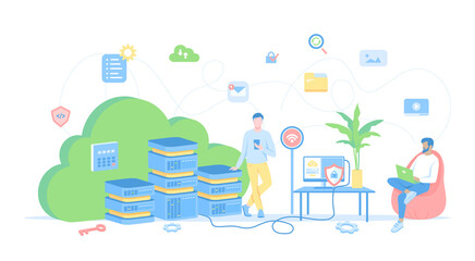 Cloud computing, Web services, Data storage, Hosting. Users connect to the cloud servers from laptop, computer, phone. Vector illustration flat style.