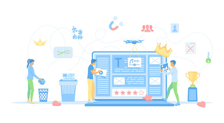 Content strategy, marketing, optimization, digital marketing. People create high quality content. Place photos, videos, audio, text files on the site. Vector illustration flat style.