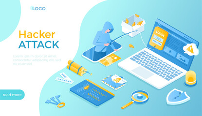 Virus, spam and security. Hacking concept. Hacker, cyber criminal phishing stealing private personal data, password. Isometric vector illustration for website.