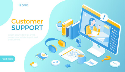 Customer service, support. Technical assistant or call center. Hotline helpdesk. Professional online consultant operator help clients with problems. Isometric vector illustration for website.
