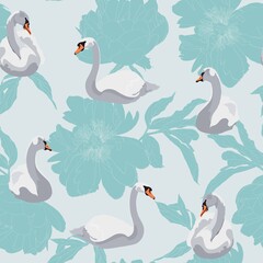 Beautiful seamless pattern with swans bird silhouette and line blue peony flowers illustration in blue color background. - 429086893