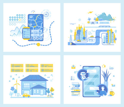 Set of  flat vector illustrations for  Smart training. Chatbot, customer support. Smart modern eco house. Smart Green City. Concept for websites.