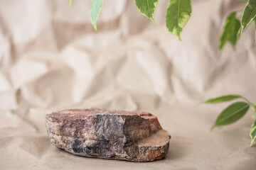 Natural stone stand for presentation and exhibitions on white background. Abstract podium for organic cosmetics. Display product. Minimal style.