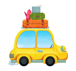 Naklejka premium Yellow cartoon car with suitcases on the roof. Auto character is cute and funny. Print for a baby boy. Illustration isolated on white background clipart