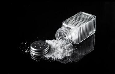 Heap of salt from a salt shaker on black background. The concept of excessive salt intake that can...