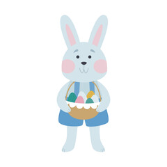 An Easter bunny in a blue jumpsuit with a basket of painted, colored eggs. A hare in festive clothes hides eggs. Happy Easter, vector illustration with cartoon character