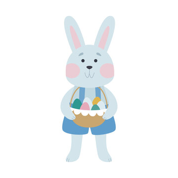 An Easter bunny in a blue jumpsuit with a basket of painted, colored eggs. A hare in festive clothes hides eggs. Happy Easter, vector illustration with cartoon character