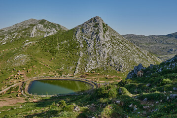 Naklejka na ściany i meble View of the Peña Sobia lagoon, in the council of Teberga (Teverga), in Asturias (Asturies)
