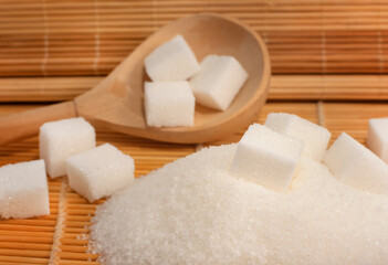 White Sugar. Pieces Of Refined Sugar On The Fabric. Sugar