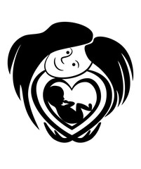 Mothers Day. Newborn in the heart, mom holding it, painted black, with a file for cutting. Illustration isolated on white background.
