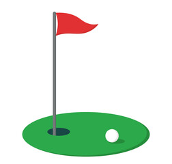 Golf course vector illustration. Red flag, hole and a white ball.