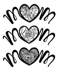Mothers Day. A set of three hearts of flowers, transparent inside, the inscription mom is drawn, painted black, a file for cutting. Stock vector illustration isolated on white background.