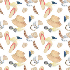Watercolor hand-drawn summer pattern with hats, summer shoes, feathers, bracelet, seashells, sunglasses and beige, grey stains.