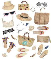 Watercolor Summer time Set with straw hats, straw bags, sunglasses, summer shoes, feathers, bracelet, necklace, shells, top. Fashion set.