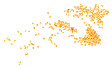 Yellow mustard seeds isolated on a white background, top view.