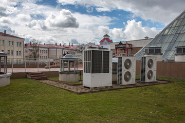 Air conditioning systems on the roof of an office building