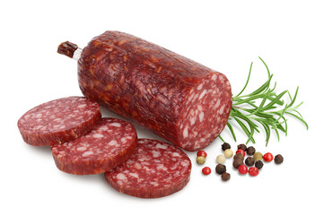 Smoked sausage salami isolated on white background with clipping path and full depth of field