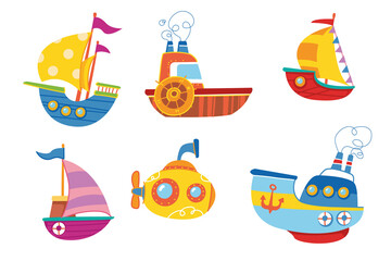 Obraz na płótnie Canvas Cute colorful set of vector boats. Ship children s print is bright. For the decor of postcards, clothes, sticker clipart. Baby cartoon transport. Traveling in the summer on a cruise on the water art