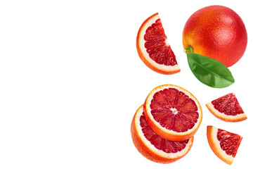 Blood red oranges slices isolated on white background. Top view with copy space for your text. Flat...
