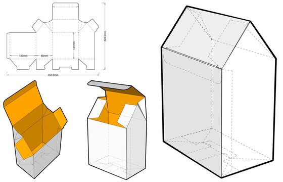Candy House box of house and Die-cut Pattern (Internal measurement 13x8x13cm) . The .eps file is full scale and fully functional. Prepared for real cardboard production.