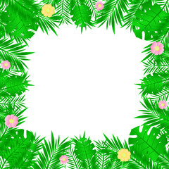 Green frame of tropical plants palm leaves monstera and flowers with a white background in the middle