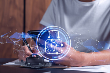 A businesswoman in casual wear signing the contract to prevent probability of risks in cyber...