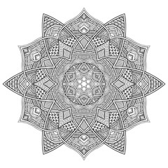 Isolated black round hexagonal floral ornament on a white background. Indian, Arabic, Mexican motifs pattern of fabric, clothing. The illustration is created manually. Vector image of ethnic pattern