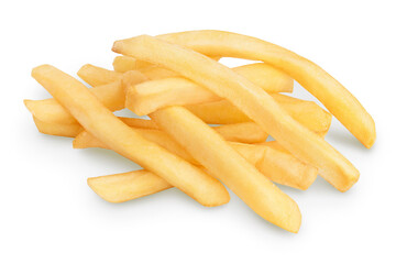 French fries or fried potatoes isolated on white background with clipping path and full depth of field