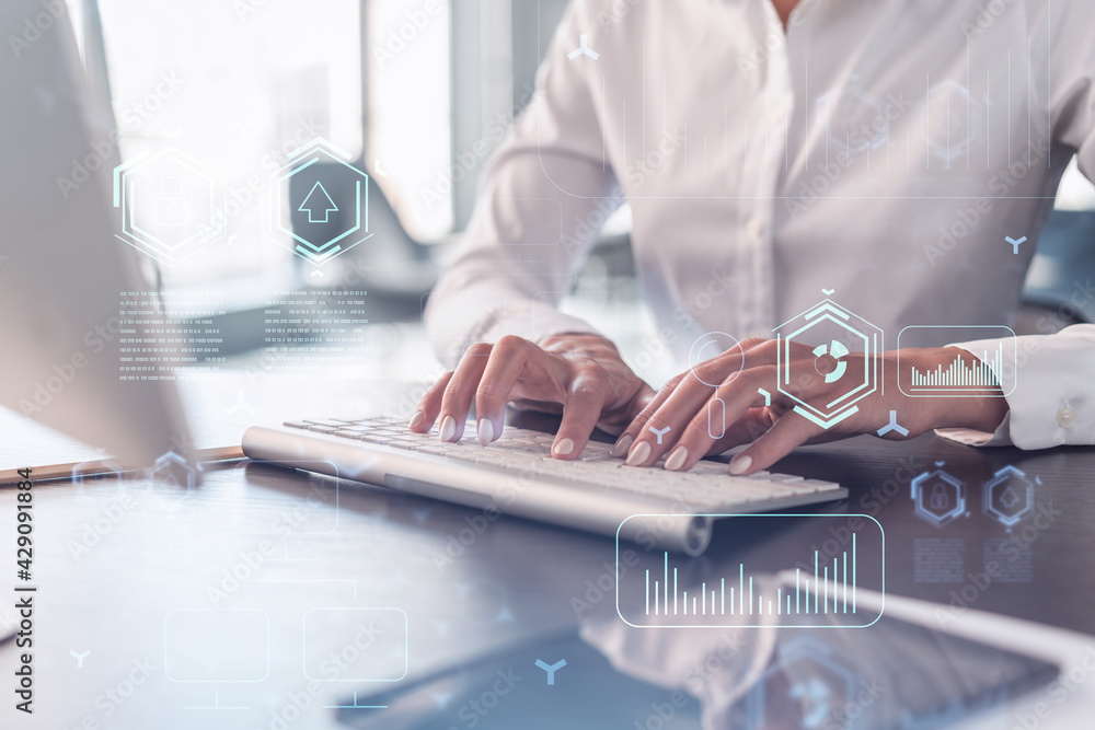 Poster woman typing the keyboard to create innovative software to change the world and provide a completely