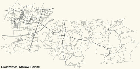 Black simple detailed street roads map on vintage beige background of the quarter Swoszowice district of Krakow, Poland