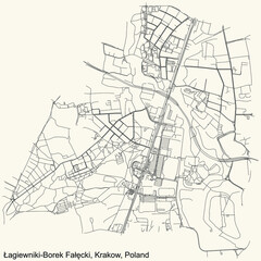 Fototapeta na wymiar Black simple detailed street roads map on vintage beige background of the quarter Łagiewniki-Borek Fałęcki district of Krakow, Poland