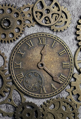 Steampunk style clock surrounded with gears and cogs
