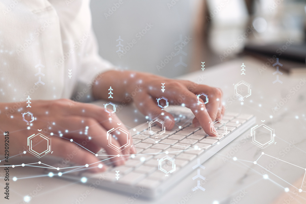 Poster woman typing the keyboard to create innovative software to change the world and provide a completely