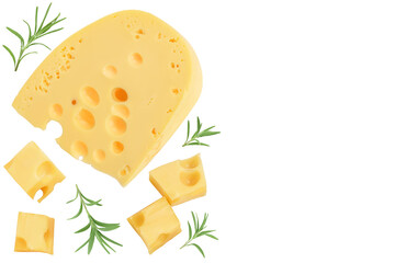 piece of cheese isolated on white background. Top view with copy space for your text. Flat lay