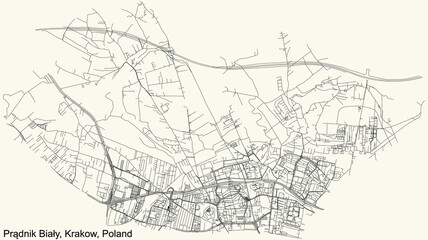 Fototapeta na wymiar Black simple detailed street roads map on vintage beige background of the quarter Prądnik Biały (White Prądnik) district of Krakow, Poland