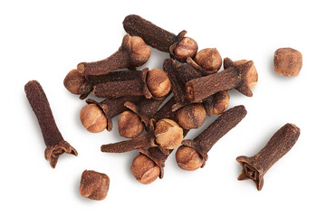 Dry spice cloves isolated on white background with clipping path. Top view. Flat lay