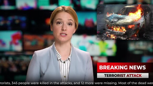 TV news female presenter talking breaking news about terrorist attack