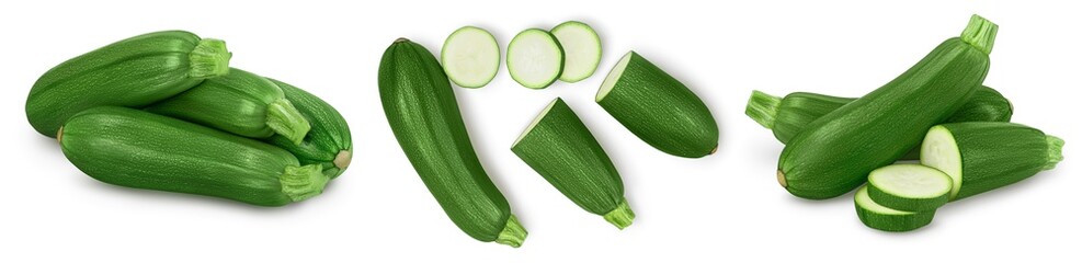 Fresh whole zucchini isolated on white background with clipping path and full depth of field. Set or collection