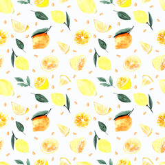 Watercolor Pattern with Lemons on a white background. 