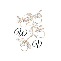 Nature Initials isolated design, uppercase letters with apple tree branch with fruits. Vector nature monogram for wedding, greeting.