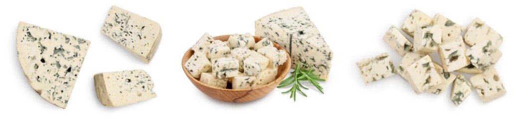 Blue cheese with rosemary isolated on white background with full depth of field. Set or collection
