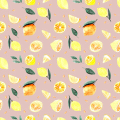 Watercolor Seamless Pattern with lemons on a pink background. 