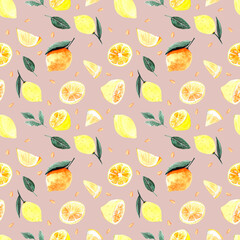 Watercolor Seamless Pattern with lemons on a pink background. 